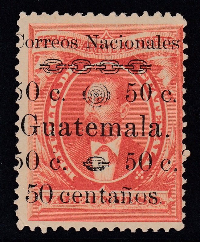 Guatemala 1886 50c on 1p Vermilion “centanos” Variety M Mint. Scott 27b