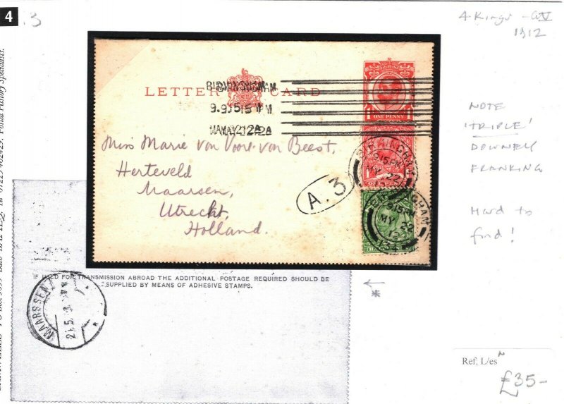 GB Stationery Letter-Card TRIPLE DOWNEY HEAD FRANKING Birmingham 1912 4.3