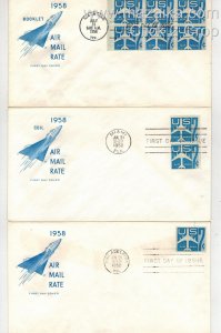 1958 FARNAM SET OF 3 7c BLUE AIRMAILS FDC PERF, COIL & BOOKLET