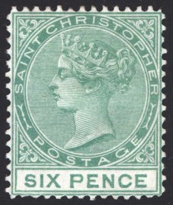 St Christopher 1876 6d Green Perf 14 Watermark CC SG 9 Scott 7 MLH Cat £55($65)