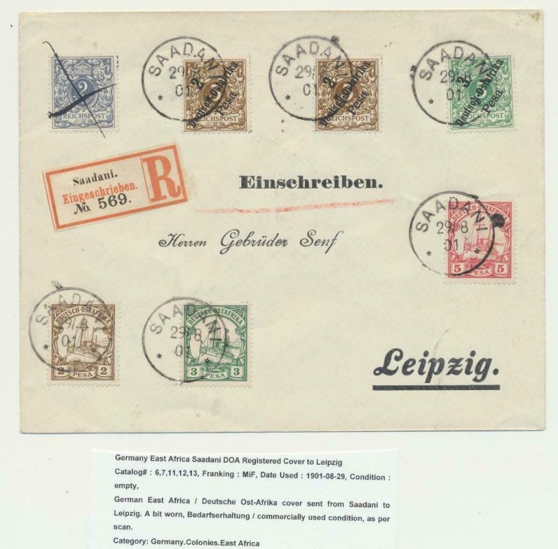 GERMAN EAST AFRICA 1901 REG. COVER SAADANI -FRANKFURT, BAGAMOYO TRANS(SEE BELOW)