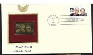 US 1991 ROOSEVELT & CHURCHILL 18k GOLD PLATED STAMP & FDC