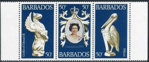 Barbados 474 ac strip, MNH. Mi 441-443 klb. QE II Coronation, 25, 1978. Pelican.