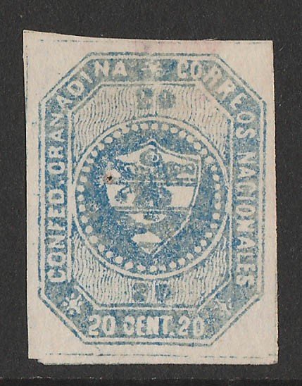 COLOMBIA : 1859 Arms 20c blue, imperf 1st issue. 