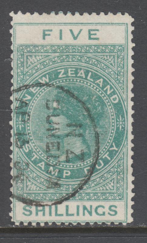 New Zealand Sc AR6, SG F49, used. 1890 5sh green QV Postal Fiscal, sound