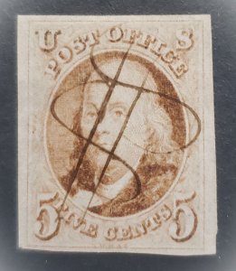 US 1, 1847 Franklin, clear face and margins, fancy pen cancel -- beautiful!