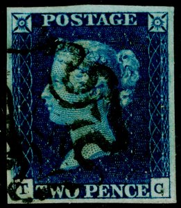 SG4, 2d deep full blue PLATE 1, FINE USED. Cat £1200. BLACK MX. GERMAN CERT. TC