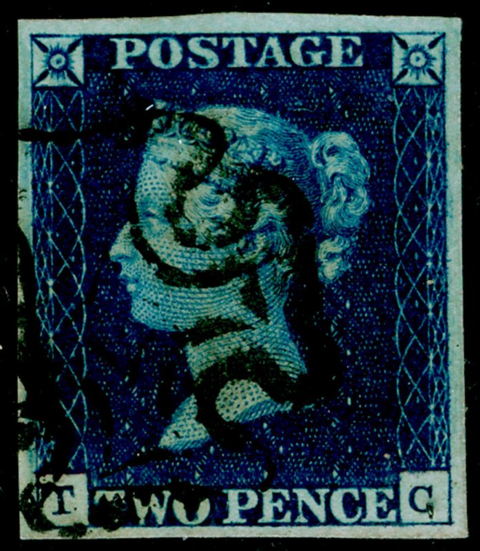 GB 1840 SG4, 2d deep full blue PLATE 1, FINE USED. Cat £1200. BLACK MX. CERT. TC