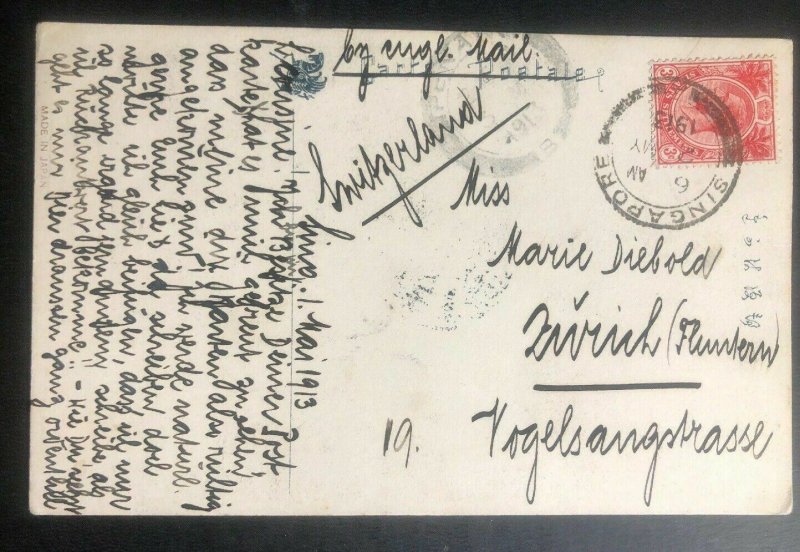 1913 Singapore Straits Settlements RPPC Postcard cover to Zurich Switzerland