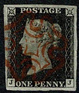 GB 1d Black JJ Plate 1b. Four good to large margins cancelled by red Malte...