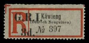 New Britain #46 (SG 42) Cat£250, 1914 Kawieng, 3p black and red, hinged, tri...