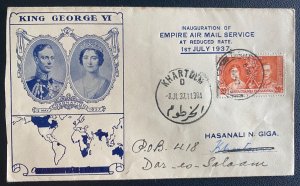 1937 Dar Es Salaam Tanganyika First Empire Airmail Service cover to Khartum