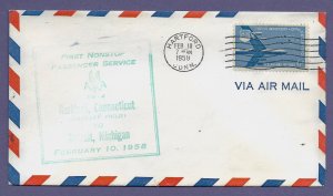 AMERICAN A/L-HARTFORD/DETROIT- 1958 1ST NON-STOP PASSENGER FLIGHT AIRMAIL COVER.