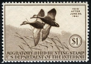 US Sc RW7 Sepia $1.00 1940 Hunting Permit Duck Barely Hinged Original Gum