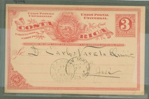 Costa Rica UX 1893 3 cent Red. Used from AlaJuera to San Jose. Nice Message