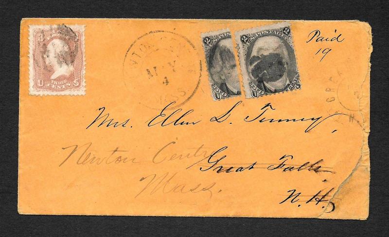 US 1860s  2c BISECT COVER MASS TO NH  GRILL  Sc 65/87/87b