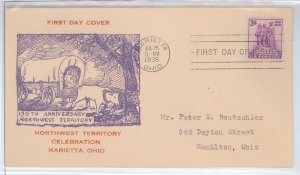 US 837 1938 3c Northwest Territory/150th Anniversary (single) on an addressed (typed) FDC with an unknown cachet