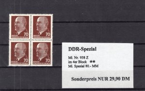 GERMANY DDR DEMOCRATIC REPUBLIC MICHEL 938 Z PERFECT MNH BLOCK PLEASE READ