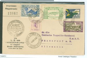 Brazil 403/416/418/420/C31 This cover was sent on this first of seven trips the Hindenburg (LZ129) made to Germany from Brazil l