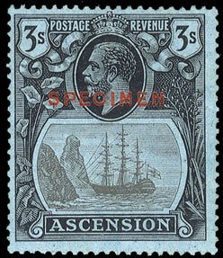 Ascension #21S (SG 20S), 1924-27 3sh George V, overprinted Specimen in red, h...