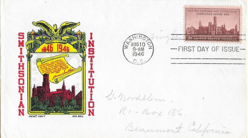1946 FDC, #943, 3c Smithsonian Institution, CC/Boll