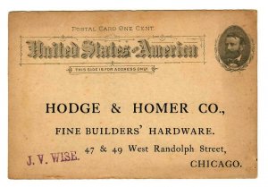 CV20wb Postal Card 1891 UX10 Pre Printed Advt. Hodge & Homer Hardware, Chicago