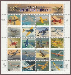 3142 Classic American Aircraft Pane of 20 MNH