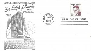 1982 FDC, #1860, Ralph Bunche, 5 diff. cachets
