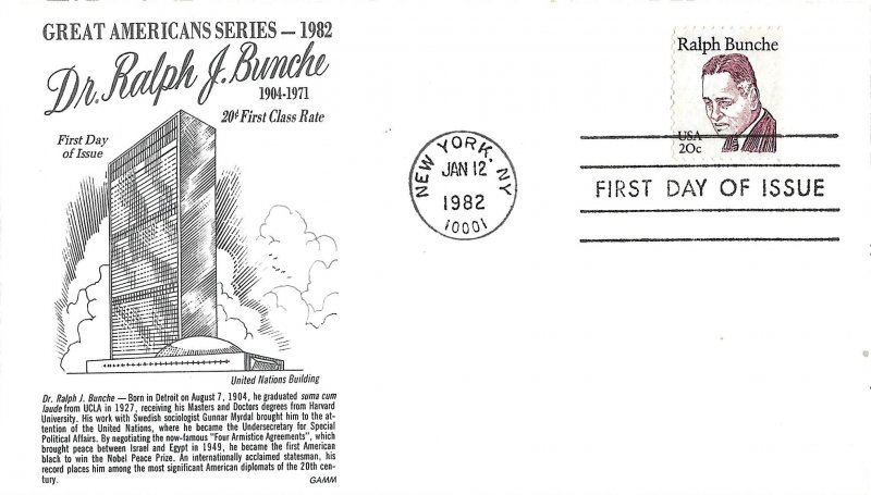1982 FDC, #1860, Ralph Bunche, 5 diff. cachets