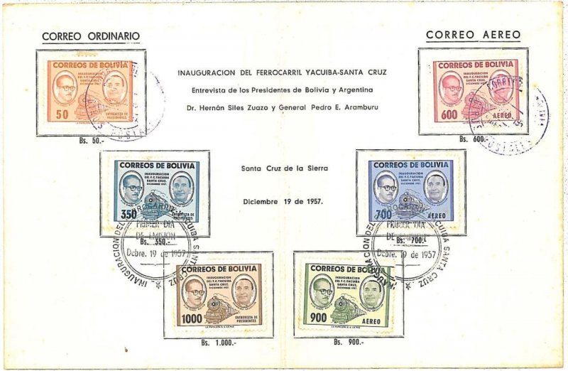 38221-Bolivia-FDC CARD-Special folded card YACUIBA-ST CRUZ railway 1957-TRAINS