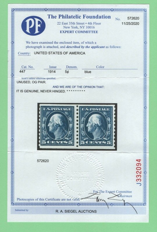 $US Sc#447 M/NH/F-VF coil pair PF Cert., Cv. $220