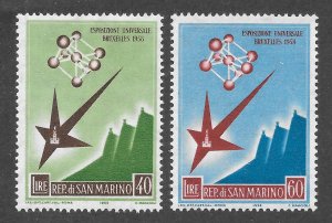 San Marino Scott 412-13 MNHOG - 1958 Brussels World's Fair - SCV $0.80