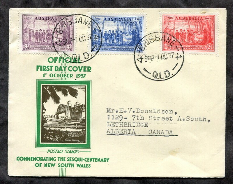 p328 - AUSTRALIA 1937 Official FDC Cover NSW Sesqui. Brisbane CDS Sent to CANADA