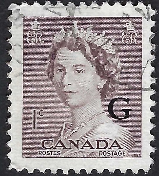 Canada #O33 1¢ Queen Elizabeth II w/ G overprint (1953). Violet brown. VF Used.