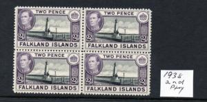 FALKLAND ISLANDS 1937/52 values, Blocks of fours verified and Unmounted.