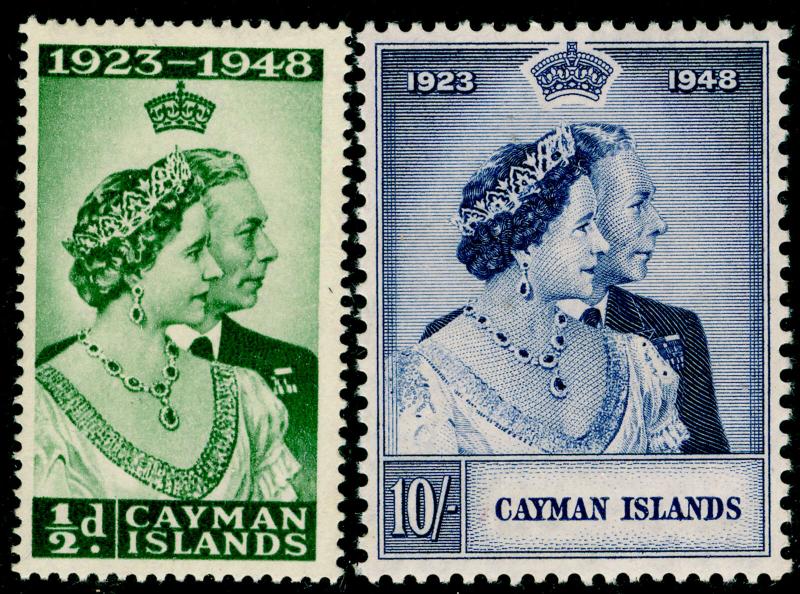 CAYMAN ISLANDS SG129-130, ROYAL SILVER WEDDING set, LH MINT. Cat £24.