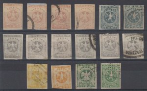 VENEZUELA 1863-64 EAGLE Sc 10-12, 14-15 SPECIALIZED GROUP 16 FORGERIES (CV$2388) 