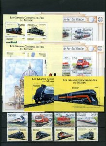 GABON 2000 LOCOMOTIVES/TRAINS SET OF 8 STAMPS, 4 SHEETS OF 6 STAMPS & 3 S/S MNH