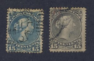 2x Canada Large Queen Used Stamps; #29-15c F #30b-15c HR F Guide Value = $70.00