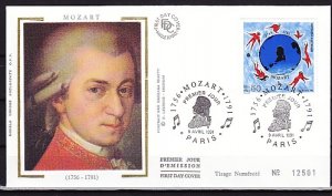 France, Scott cat. 2248. Composer Mozart issue. Silk Cachet, First day cover. ^