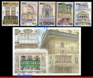 1280-85 MALTA 2007 BALCONIES, ARCHITECTURE, SG# 1535-1540, SS AND SET MNH