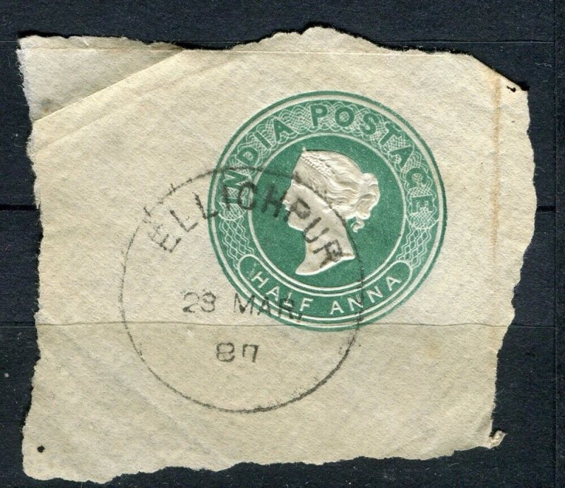 INDIA; 1890s 1/2a. classic QV Postal Stationary fine used PIECE, Elluchpur