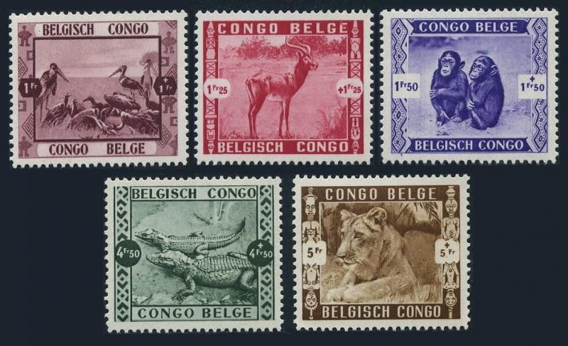 Belgian Congo B27-B31,MNH. Leopoldville ZOO Gardens,1939.Marabou stork,Crocodile