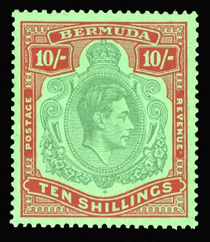 Bermuda #126var (SG 119a) Cat£225, 1938-53 George VI, 10sh bluish green and ...