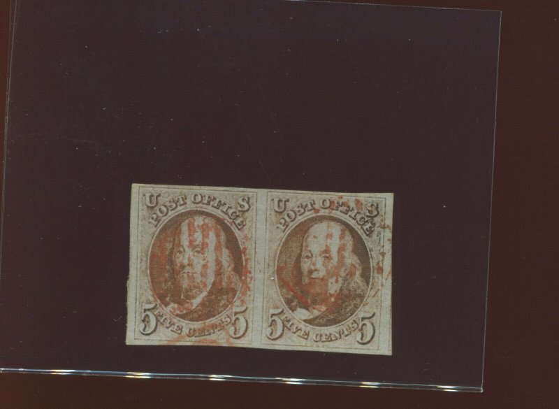 Scott 1 Franklin Imperf Used Pair of 2  Stamps  (Stock 1-A13)