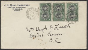 1940 RPO Postmark on Fernie BC Hardware Dealer Cover MED HAT & NEL RPO/No 1