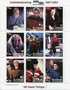 St Vincent & Grenadines 1994 MNH Star Trek Next Generation 9v MS I Picard Stamps 