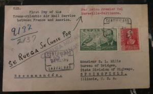 1939 Las Palmas Spain Flight Flight cover FFC Marseille France - Baltimore USA