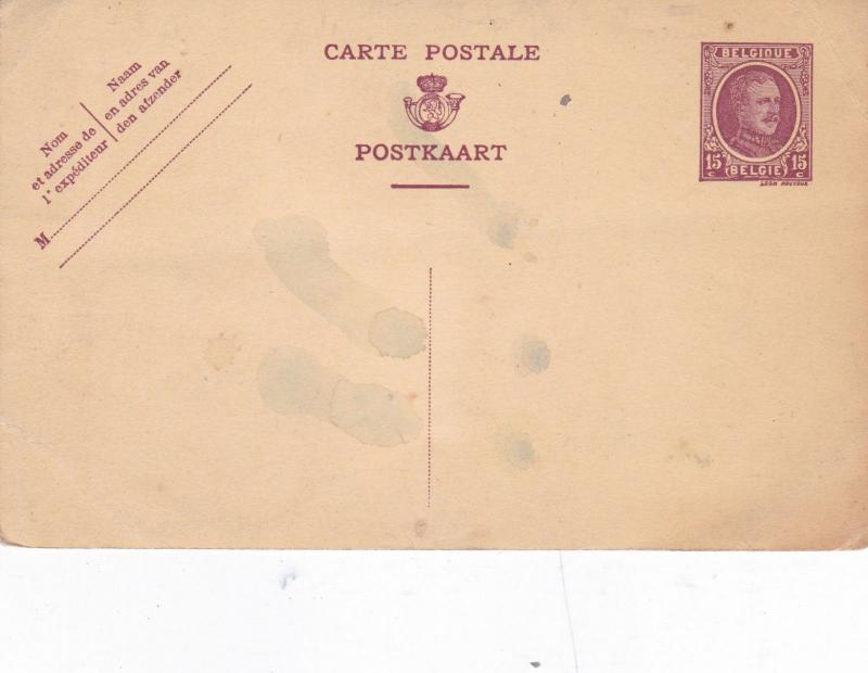  Belgium 15c King Albert Postcard Unused Some water drops Unused