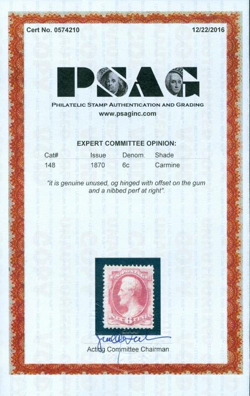 USA : 1870. Scott #148 Mint OG. True vivid color. PSAG Cert. Catalog $1,000.00.